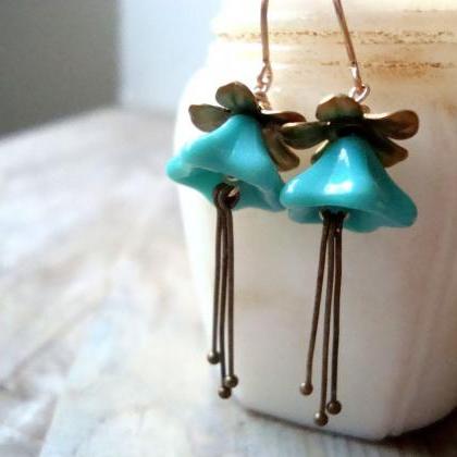 Pastel Teal And Brass Blossom Earrings Floral..