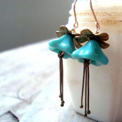 Pastel Teal And Brass Blossom Earrings Floral..