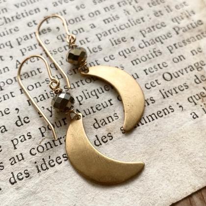 Brass Moon Earrings With Crystal Celestial Charms..