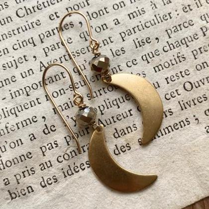 Brass Moon Earrings With Crystal Celestial Charms..