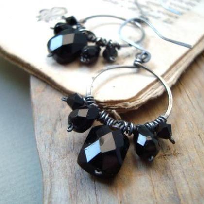 Black Crystal Hoop Earrings Oxidized Sterling Wire..