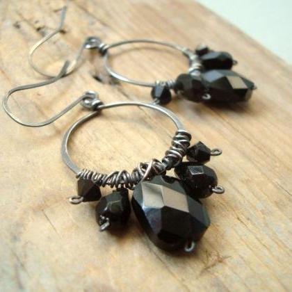 Black Crystal Hoop Earrings Oxidized Sterling Wire..