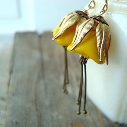 Golden Yellow Blossom Earrings Brass Vintage Style..