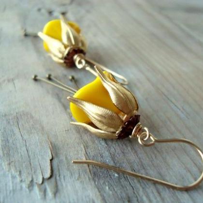 Golden Yellow Blossom Earrings Brass Vintage Style..