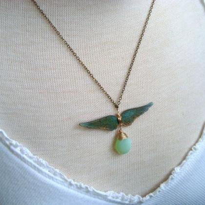 Wing Necklace - With Green Jade. Antiqued Silver..