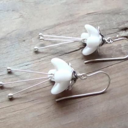 White And Silver Blossom Earrings Bridal Jewelry..