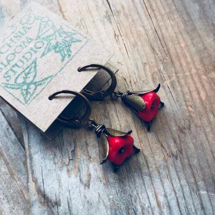 Flower Earrings Tiny Red Blossoms With Antiqued..