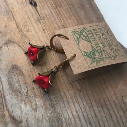 Flower Earrings Tiny Red Blossoms With Antiqued..