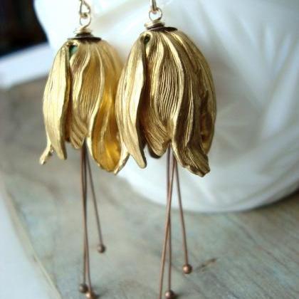 Brass Tulip Earrings - Large. Flower Jewelry..