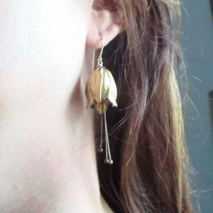 Brass Tulip Earrings - Large. Flower Jewelry..