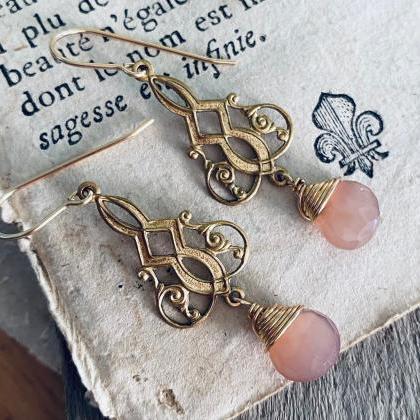 Brass Art Nouveau Earrings With Peach Chalcedony..