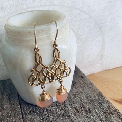 Brass Art Nouveau Earrings With Peach Chalcedony..