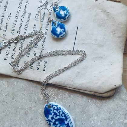 Blue China Necklace And Earring Set. Sterling..