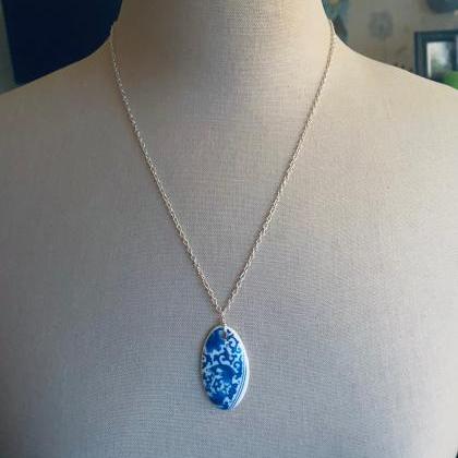 Blue China Necklace And Earring Set. Sterling..