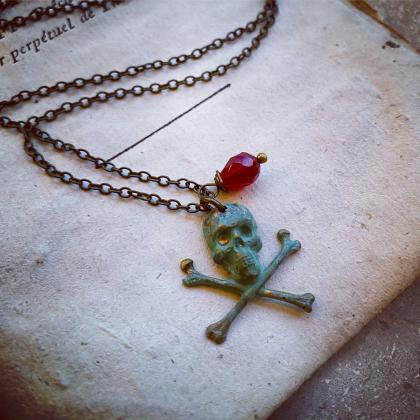 Pirate Necklace With Ruby Glass Teardrop. Patina..