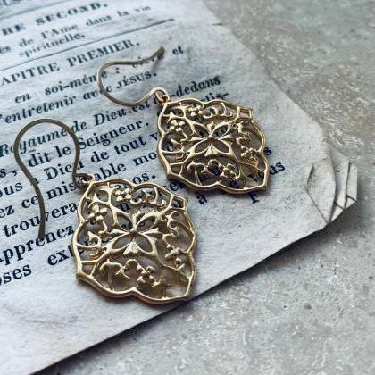 Gold Floral Pendant Earrings Metalworked Jewelry..