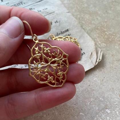 Gold Floral Pendant Earrings Metalworked Jewelry..