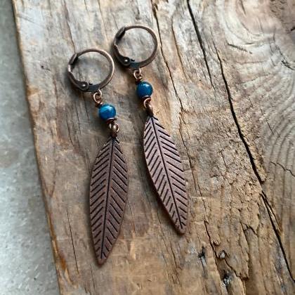 Feather Earrings - Antiqued Copper With Blue..