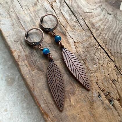 Feather Earrings - Antiqued Copper With Blue..