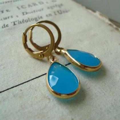 Aqua Rhinestone Earrings Bridesmaid Brass Jewelry..