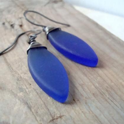 Sea Glass Leaf Earrings - Cobalt Blue. Oxidized..
