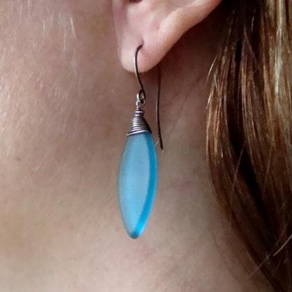 Sea Glass Leaf Earrings - Cobalt Blue. Oxidized..