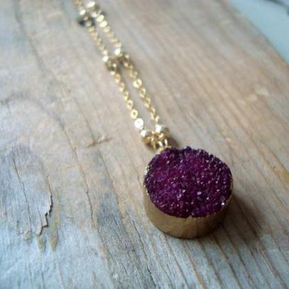 Purple Druzy Necklace With Gold Filled Beaded..