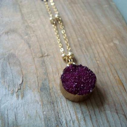 Purple Druzy Necklace With Gold Filled Beaded..