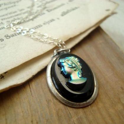 Black Cameo Necklace Iridescent Vintage Style..