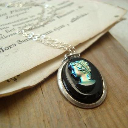 Black Cameo Necklace Iridescent Vintage Style..