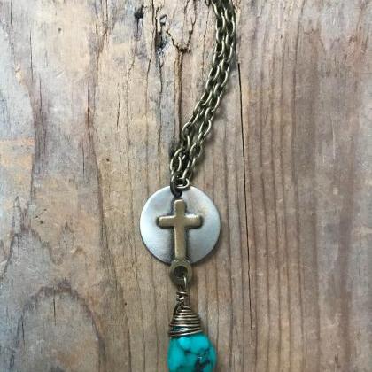 Brass Cross Necklace With Turquoise. December..