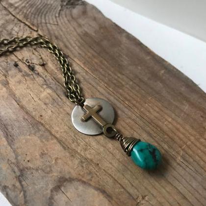 Brass Cross Necklace With Turquoise. December..