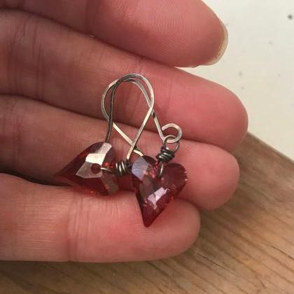 Red Crystal Heart Earrings Oxidized Sterling..