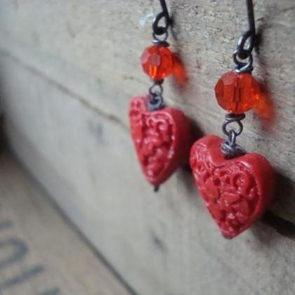Red Crystal Heart Earrings Oxidized Sterling..