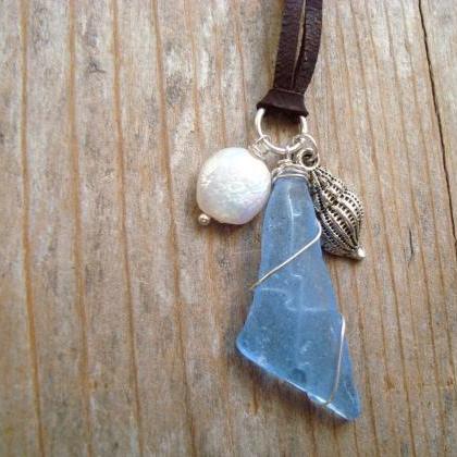 Mint Green Sea Glass Necklace With African Trade..