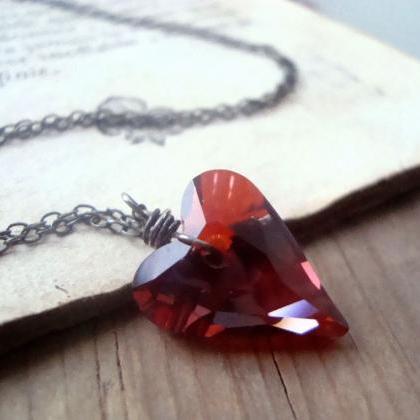 Red Crystal Heart Necklace Swarovski Sterling..