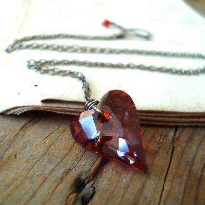 Red Crystal Heart Necklace Swarovski Sterling..