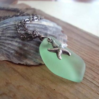 Mint Green Sea Glass Necklace With Starfish Beach..