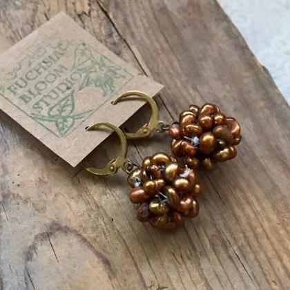 Pearl Cluster Earrings - Amber Pearl And Brass...