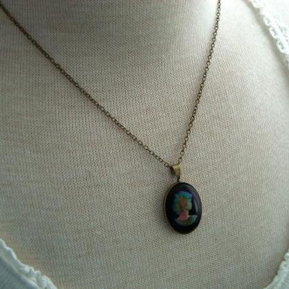 Black Rainbow Cameo Necklace, Vintage Style..