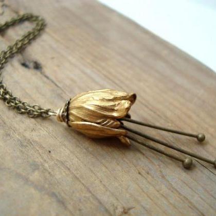 Large Brass Tulip Necklace Bridal Jewelry Flower..