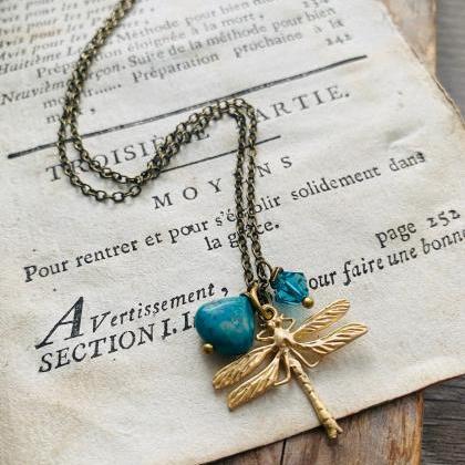 Gold Dragonfly Necklace With Chrysocolla. Crystal..
