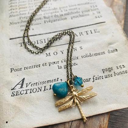 Gold Dragonfly Necklace With Chrysocolla. Crystal..