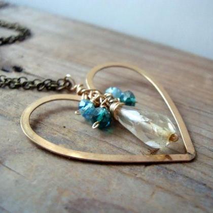 Gold Heart Necklace - Heart Of Gold. Aqua Crystal..