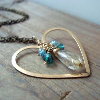 Gold Heart Necklace - Heart Of Gold. Aqua Crystal..