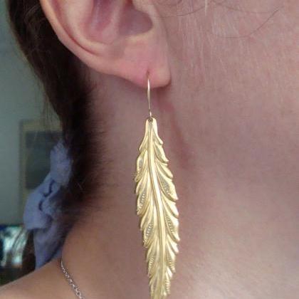 Large Brass Feather Earrings Native American..