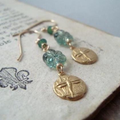 Dragonfly Earrings With Amazonite Vintage Brass..