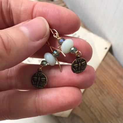 Dragonfly Earrings With Amazonite Vintage Brass..