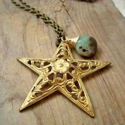Brass Star Necklace With Chrysoprase Long Necklace..