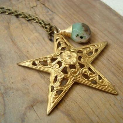 Brass Star Necklace With Chrysoprase Long Necklace..